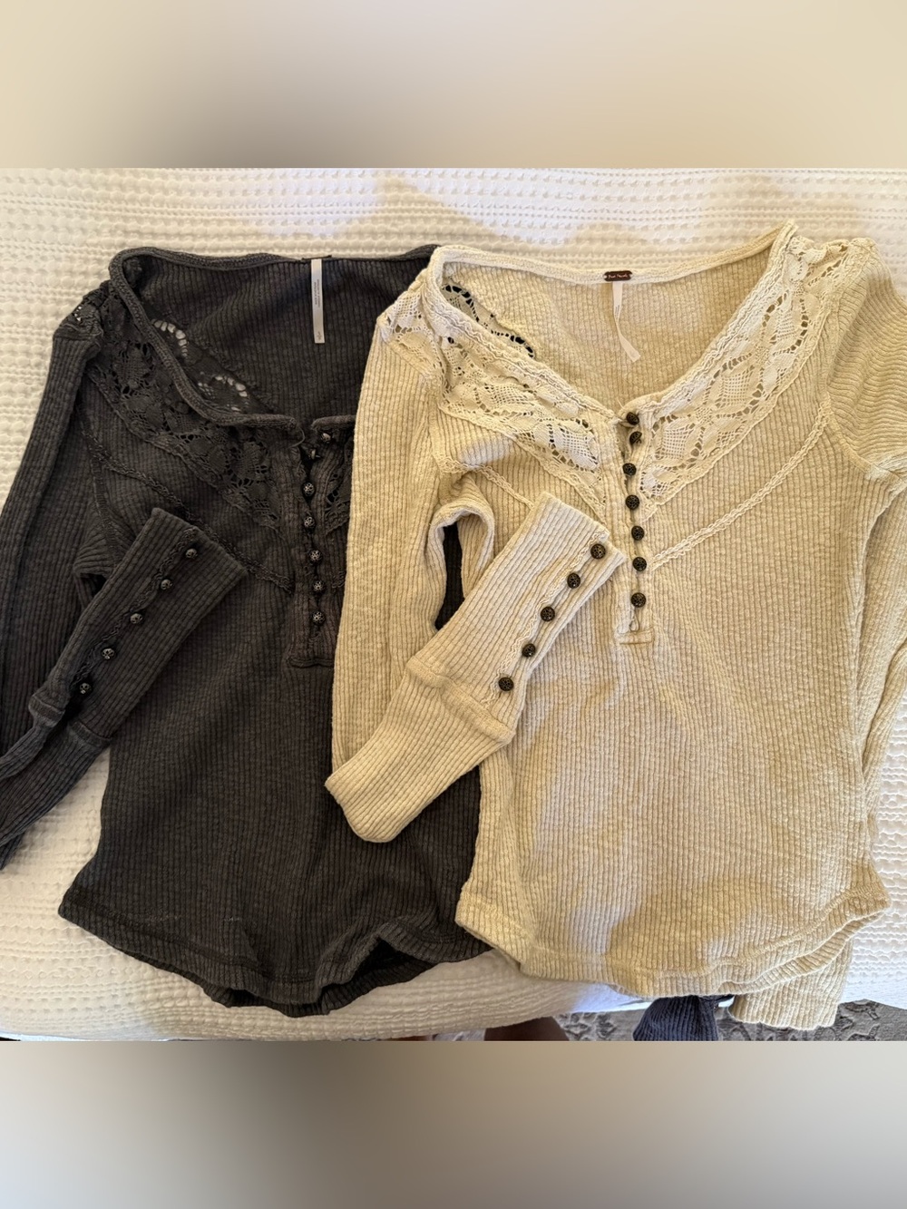 Free People Lace-Trim Ribbed Henley Long Sleeve Top - Cream & Charcoal